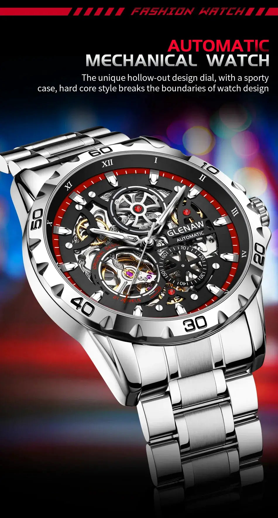 GLENAV automatic skeleton men's watch with stainless steel strap and red-accent dial
