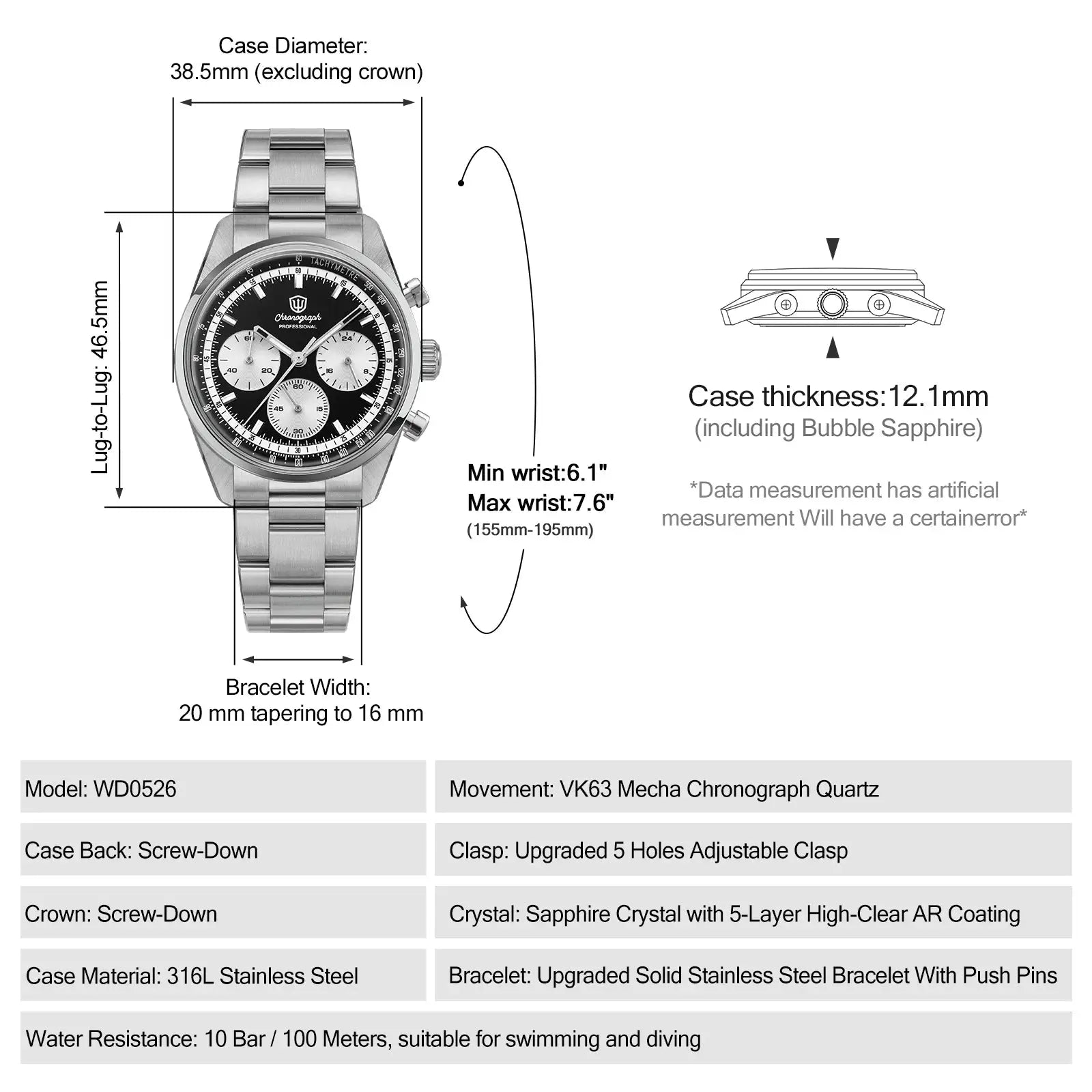 Watchdives WD0526 stainless steel chronograph watch with black dial