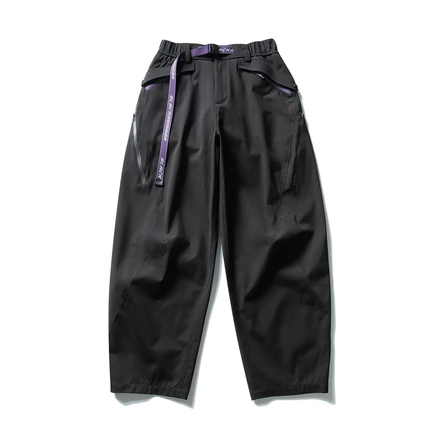 Ultra Loose Waterproof Techwear Cargo Pants, black nylon with purple belt strap and zip pockets, Simples Market.