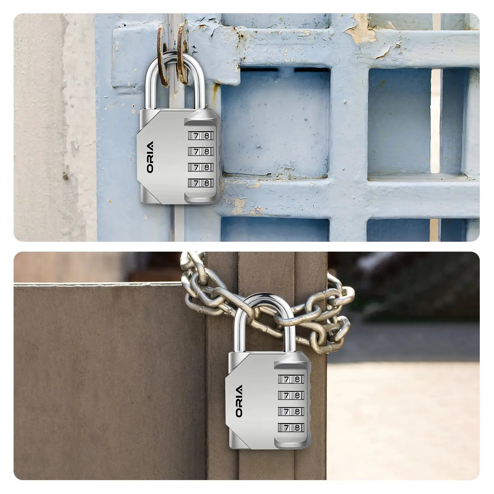 Padlock set: ORIA 4-digit combination, 2-pack by Simples Market; silver metal locks on gate and chain
