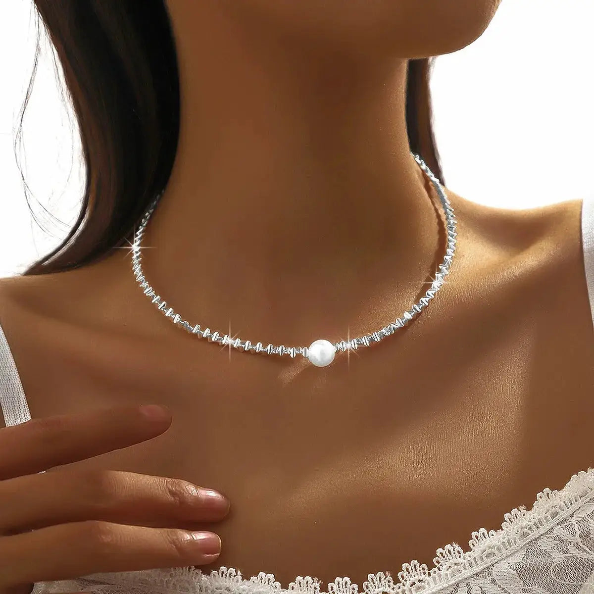 Silver Sparkling Clavicle Chain Necklace for Women and Girls Choker Style Korean Wedding Party Jewelry Accessories