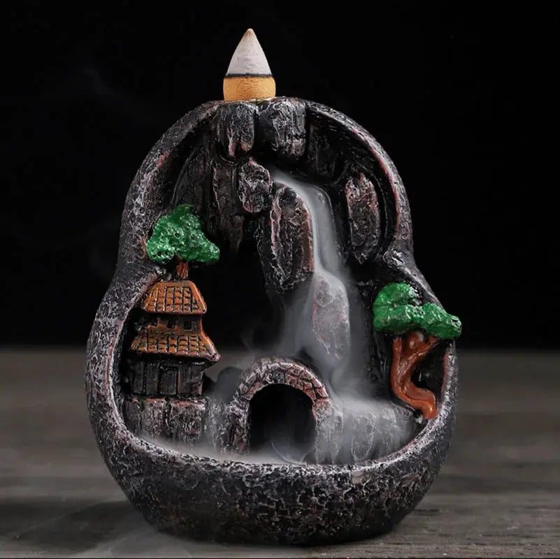Resin Cascade Backflow Incense Burner With Mountain Waterfall Design For Home Decor And Meditation Gift