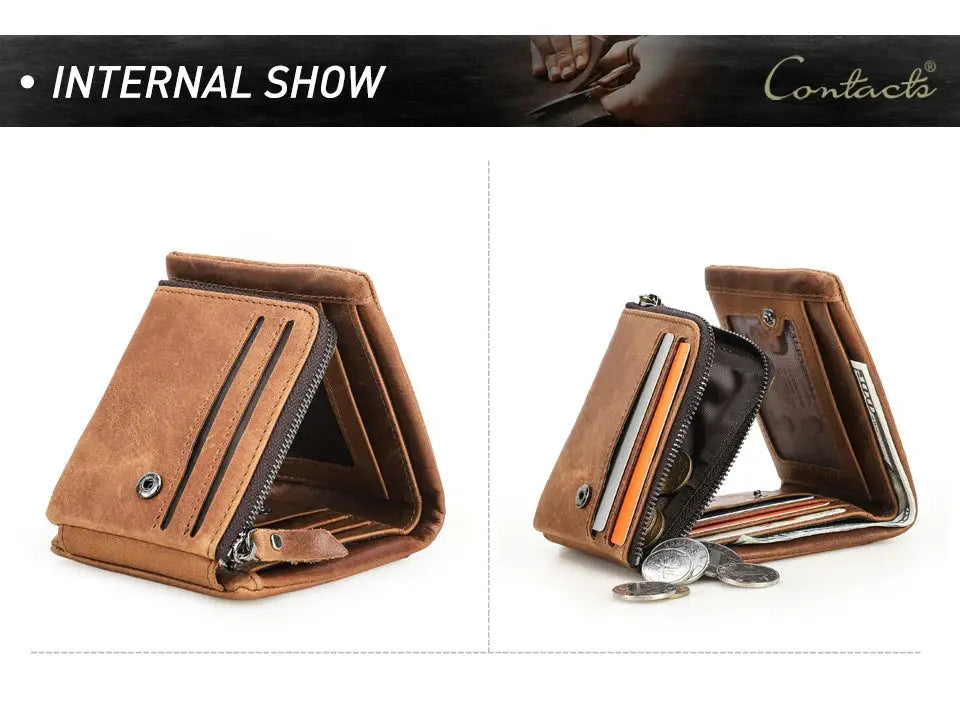 Contacts genuine Crazy Horse leather men's trifold wallet with zip coin pocket in brown cowhide by Simples Market