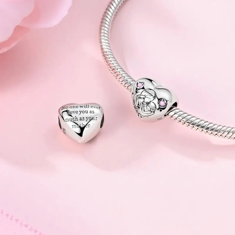 Mother's Day 925 Sterling Silver Heart Charms Beads Dangle For Bracelets Love Mom Jewelry Gift
