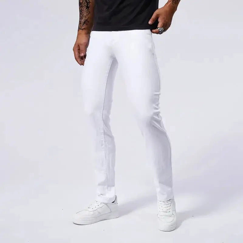 Mens White Casual Jeans Slim Fit Straight Denim Pants Streetwear