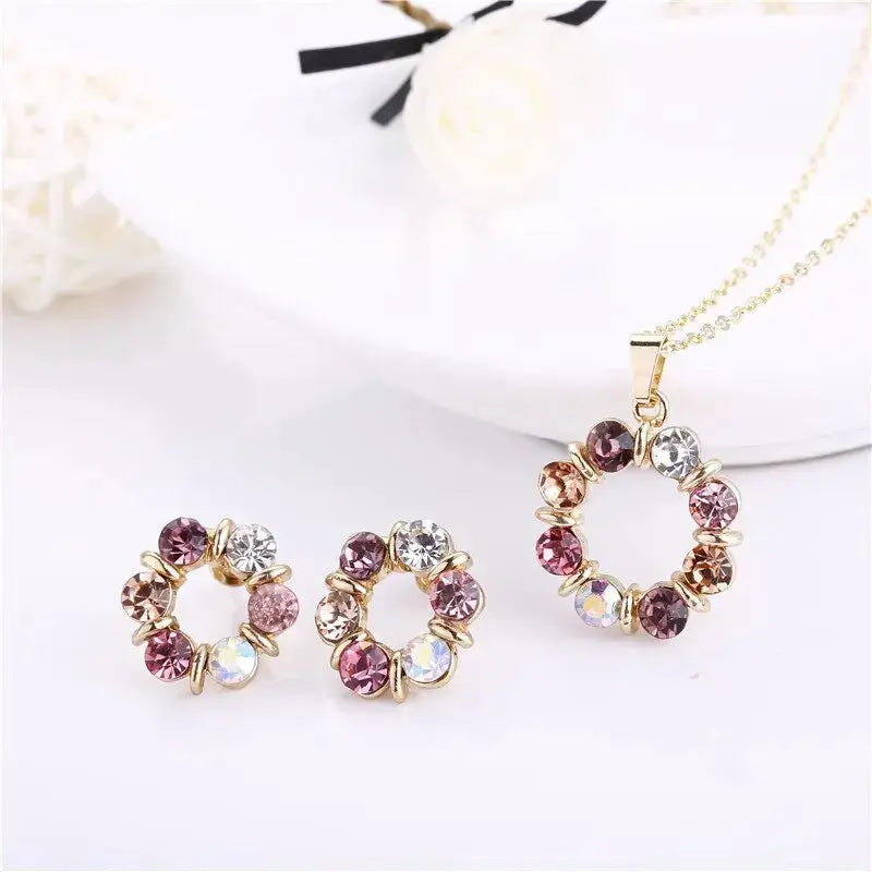 3 Piece Gold Necklace and Earrings Set for Ladies Celebrity Style Exquisite Stained Glass Diamond Circle Jewelry