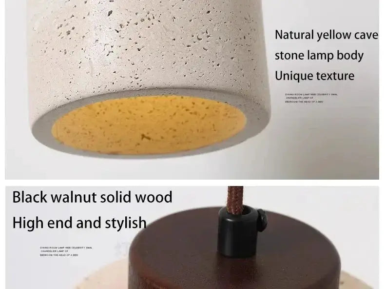 Led pendant lamp with natural yellow cave stone body and black walnut wood base