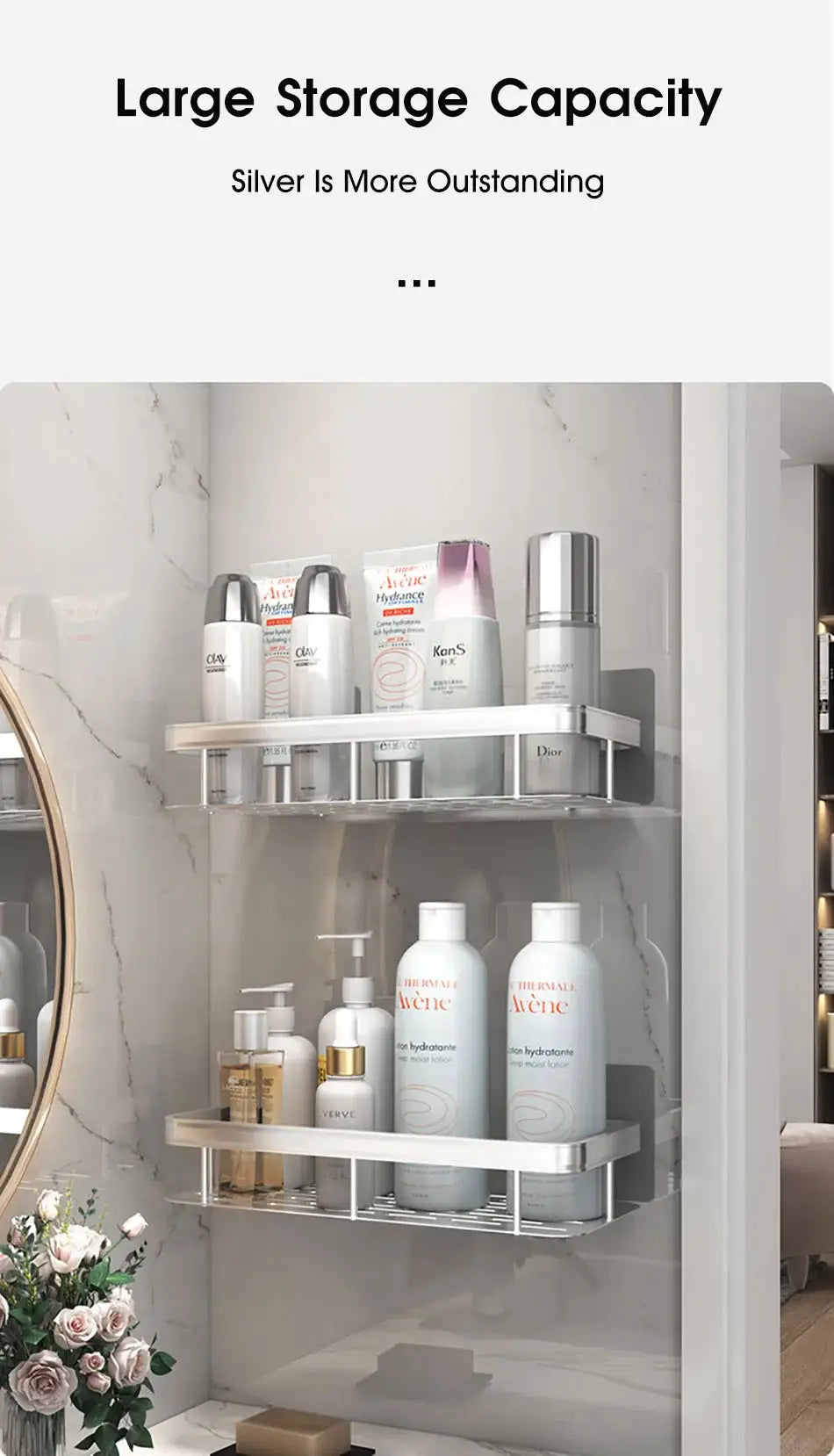 Two-tier bathroom corner wall-mount storage rack, silver metal, no-drill shower organizer for shampoos and lotions.
