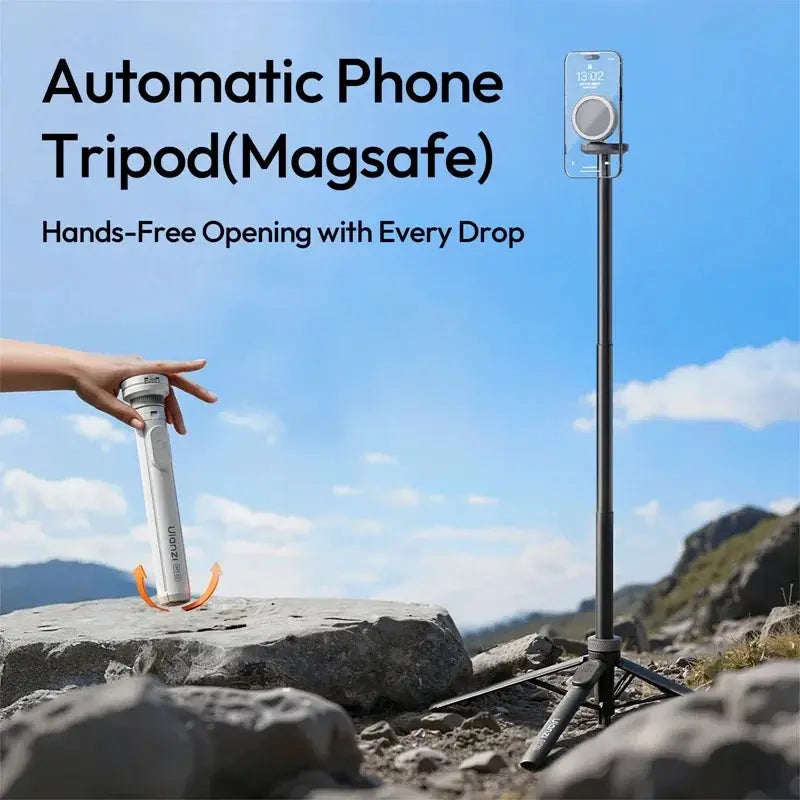 Ulanzi MT85 MagSafe automatic phone tripod; white handheld unit and black outdoor tripod with phone mount
