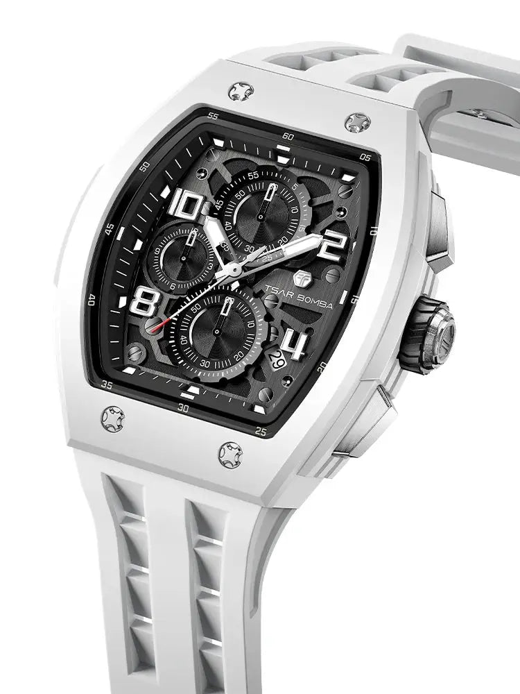 TSAR BOMBA men's watch by Simples Market; white strap, stainless steel tonneau case, skeleton chronograph dial.