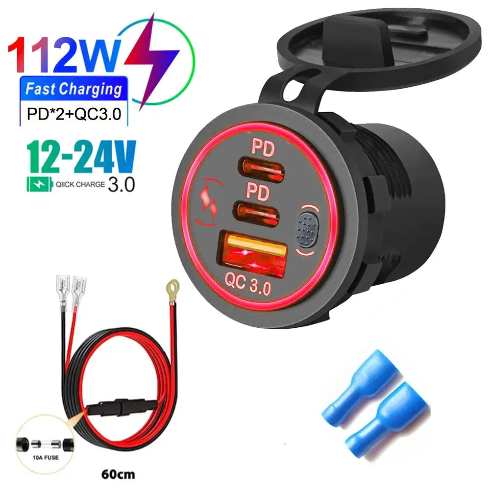 Velev 78W PD3.0 QC3.0 Dual USB C Ports Car Charger Socket Waterproof With LED Touch Switch 12V/24V For Moto