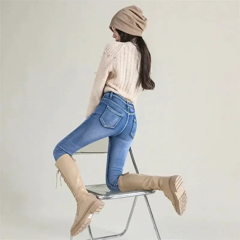 Women Thermal Skinny Jeans With Plush Lining Warm Winter Denim Pants