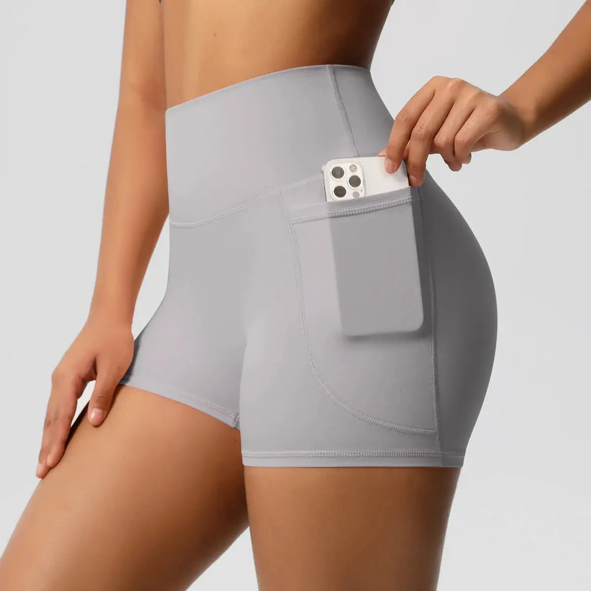 Simples Market women's pocketed high-waist sport shorts, gray, quick-dry, squat-proof