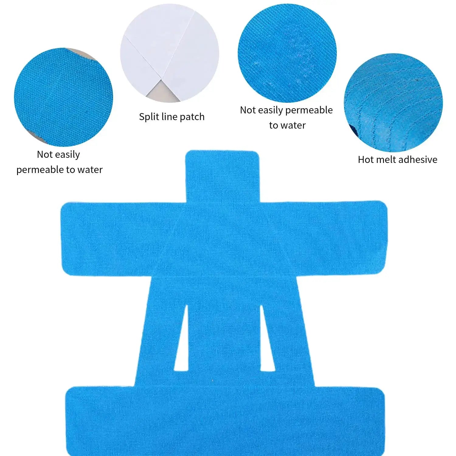 Kinesiology shoulder tape, blue precut patches on torso silhouette; waterproof and breathable