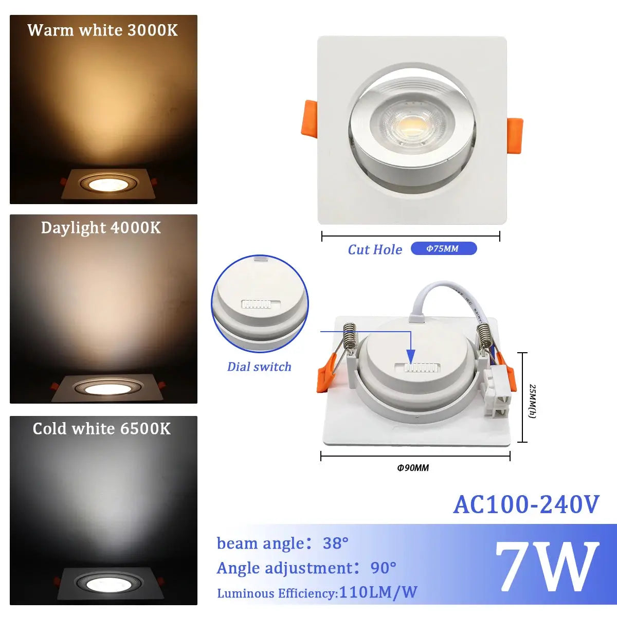Simples Market LED recessed ceiling spotlight, adjustable 90°, 3 CCT 3000K/4000K/6500K, 7W, AC100-240V
