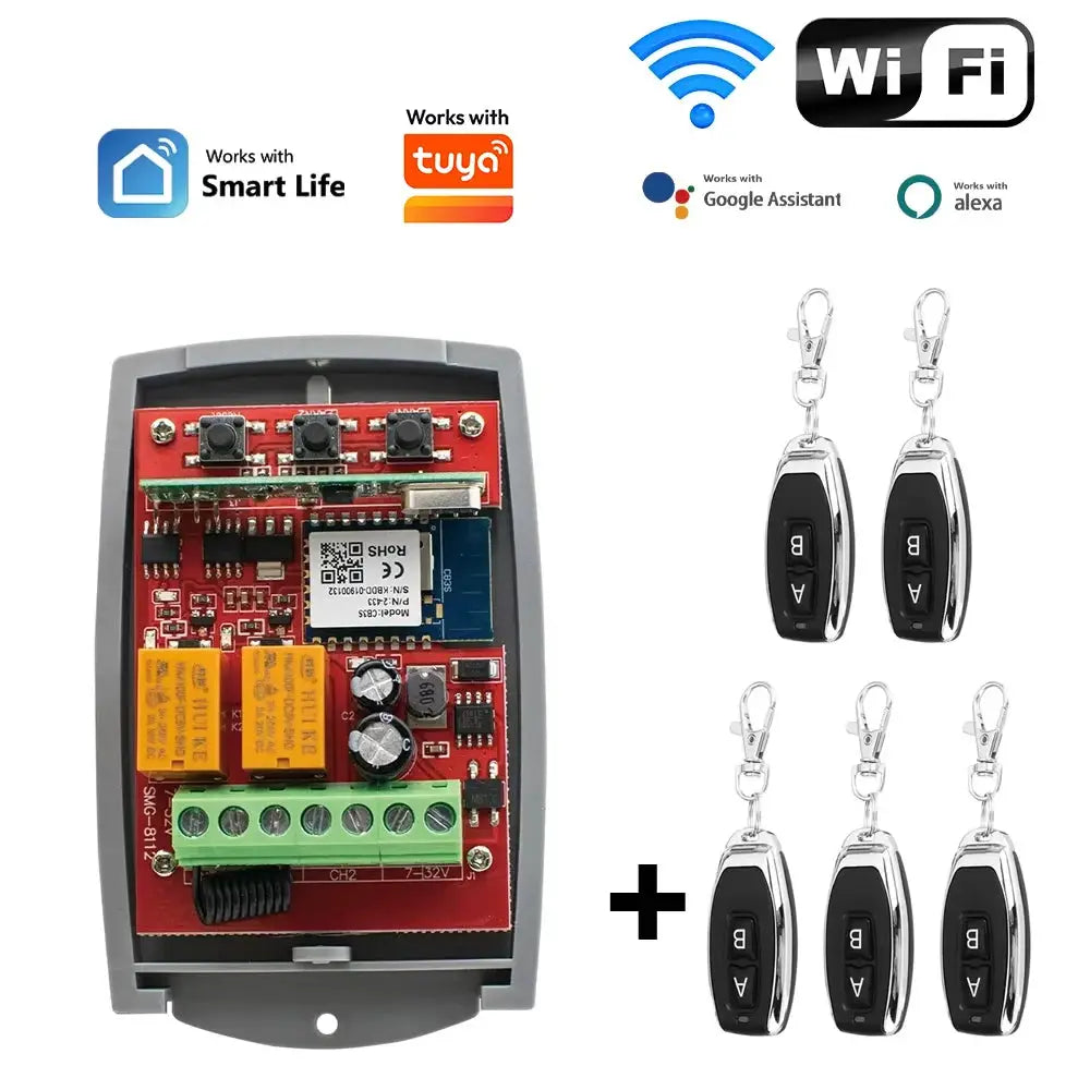Smart wifi garage door switch receiver 2CH with six silver key fob remotes and red PCB