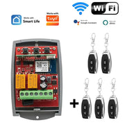 Smart wifi garage door switch receiver 2CH with six silver key fob remotes and red PCB