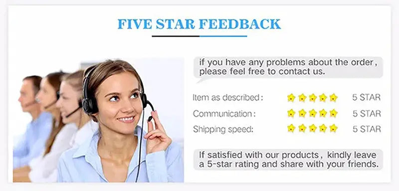 Blue Five Star Feedback banner with a smiling customer service rep wearing a headset and star ratings.