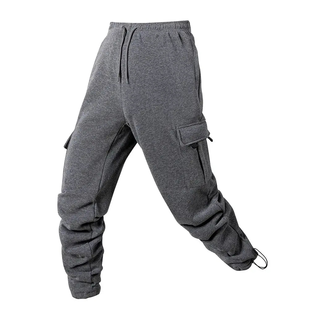 Men's grey cargo jogger pants with drawstring waist and side cargo pockets.