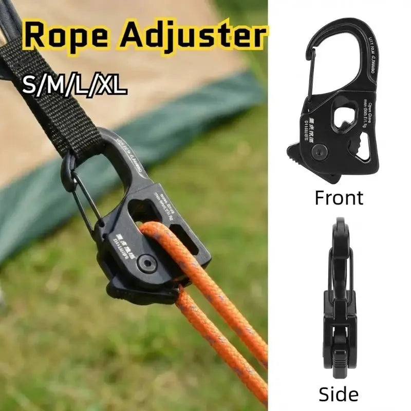 Rope tensioner for tents by Simples Market; black aluminum alloy self-locking adjuster, fits 2-10mm rope.