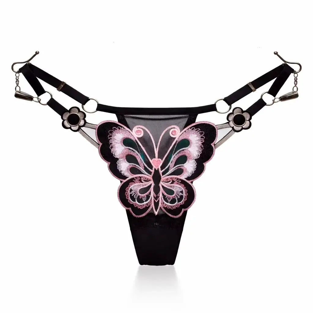 Butterfly lace thong by Simples Market, low-waist black mesh with pink butterfly embroidery, adjustable straps
