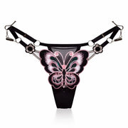 Butterfly lace thong by Simples Market, low-waist black mesh with pink butterfly embroidery, adjustable straps