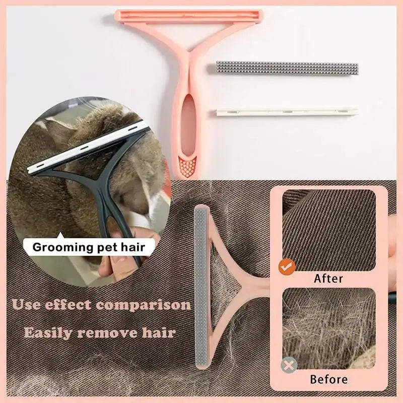 Silicone double-sided pet hair remover by Simples Market with pink handle and extra scraper attachments