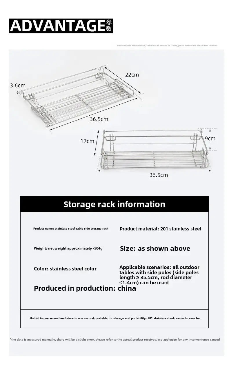 Advantage stainless steel outdoor table side storage rack with folding mesh extension basket, 36.5 cm long