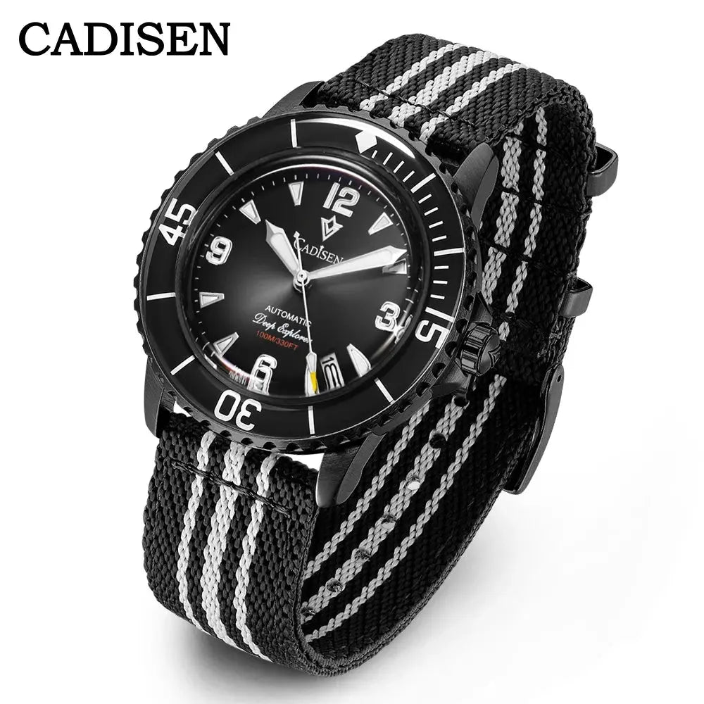 CADISEN Deep Explorer automatic watch with black dial and black-and-white striped canvas strap