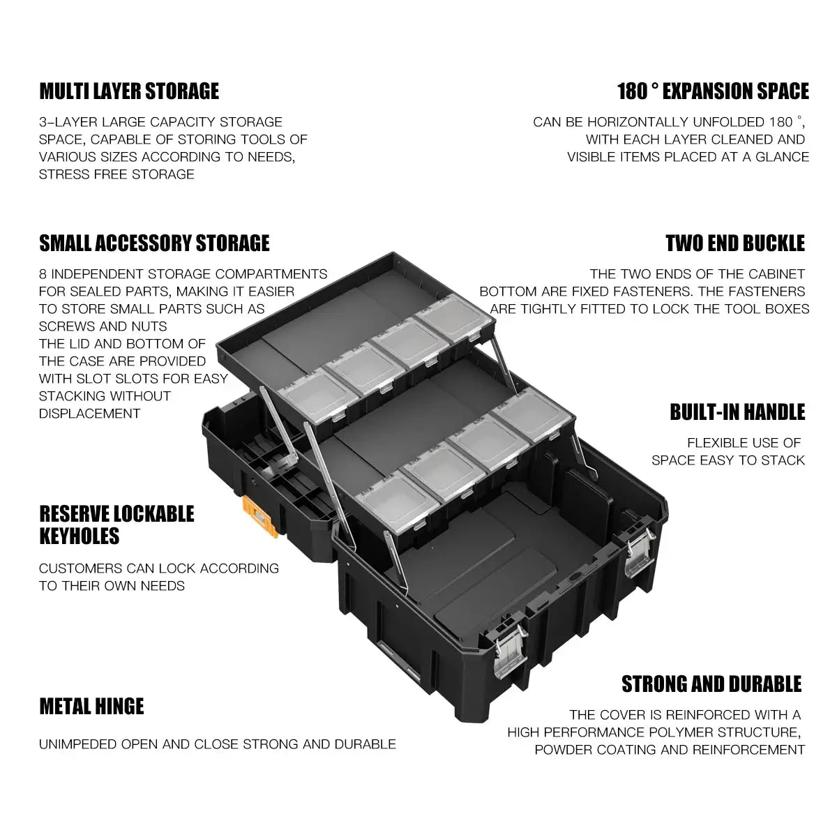 AIRAJ stackable modular toolbox set with wheels by Simples Market, black plastic with clear lid compartments
