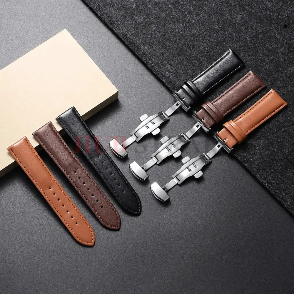 Genuine Leather Watchband 14 16 18 20 22 24mm With Automatic Butterfly Buckle For Men And Women Gift Box