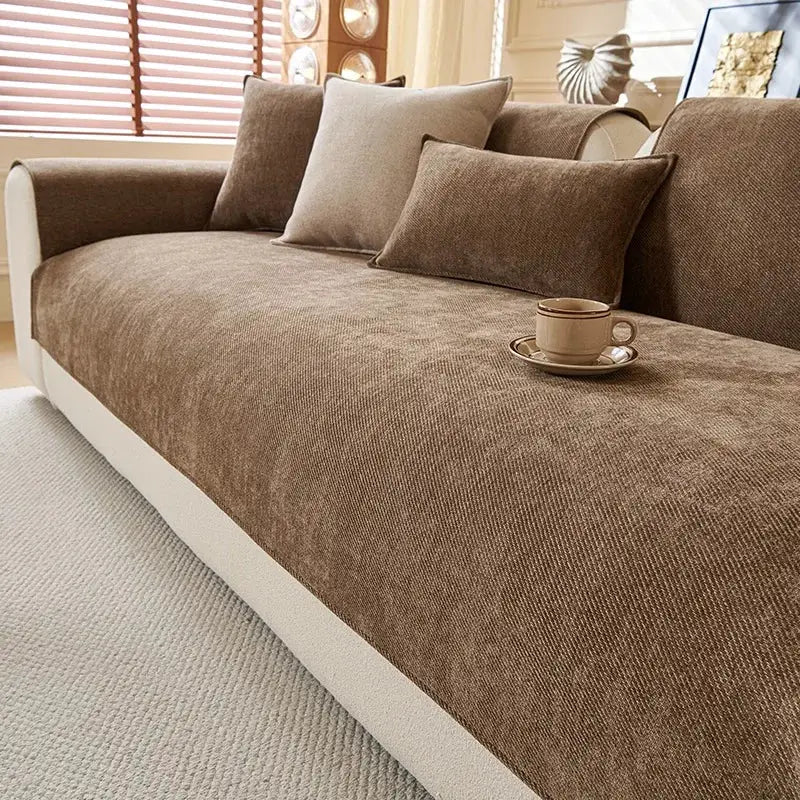 Minimalist twill chenille anti-slip sofa cover in brown