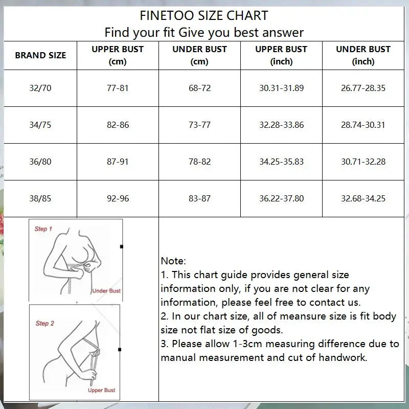 FINETOO bra size chart showing upper and under bust measurements in cm and inches with step-by-step diagrams