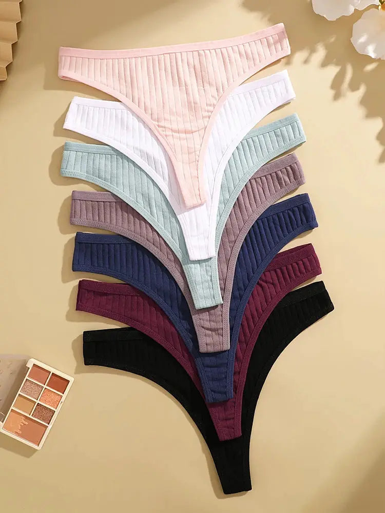 7-piece women's ribbed cotton G-string underwear set in solid pastel colors, low-rise thong lingerie