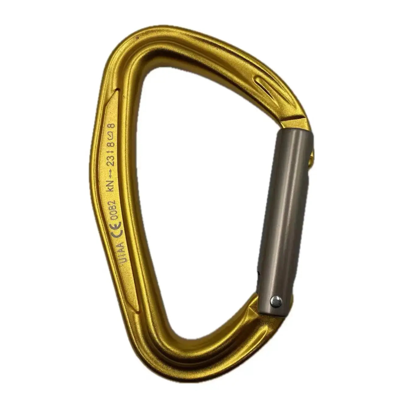Simples Market CLIWIZ SGM7118 curved D climbing carabiner, gold aluminum with gray gate, 23kN CE/UIAA certified