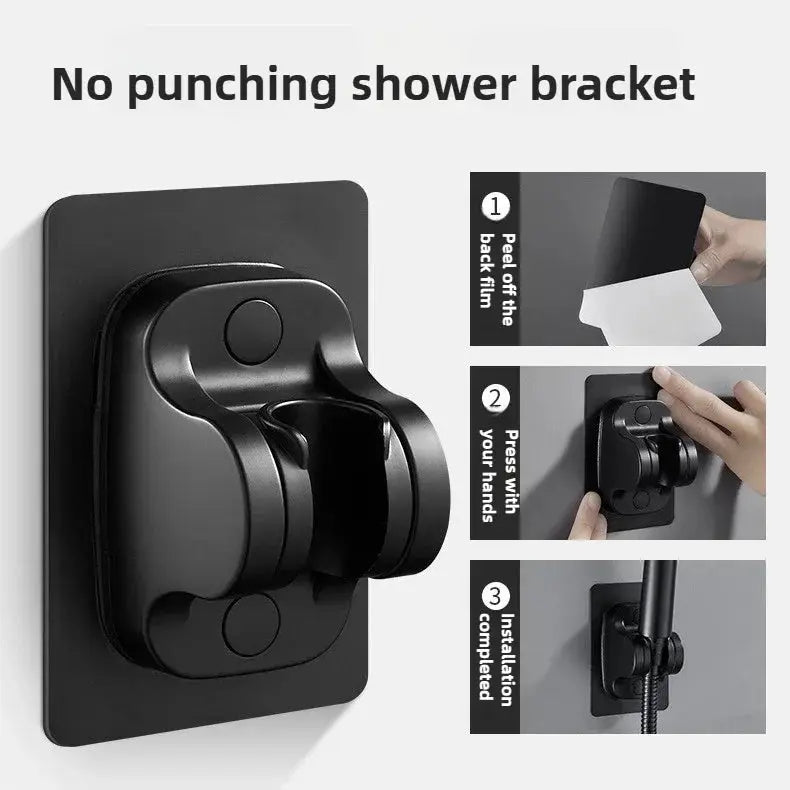 No-punch shower bracket, black matte finish, adjustable wall mount for shower head.