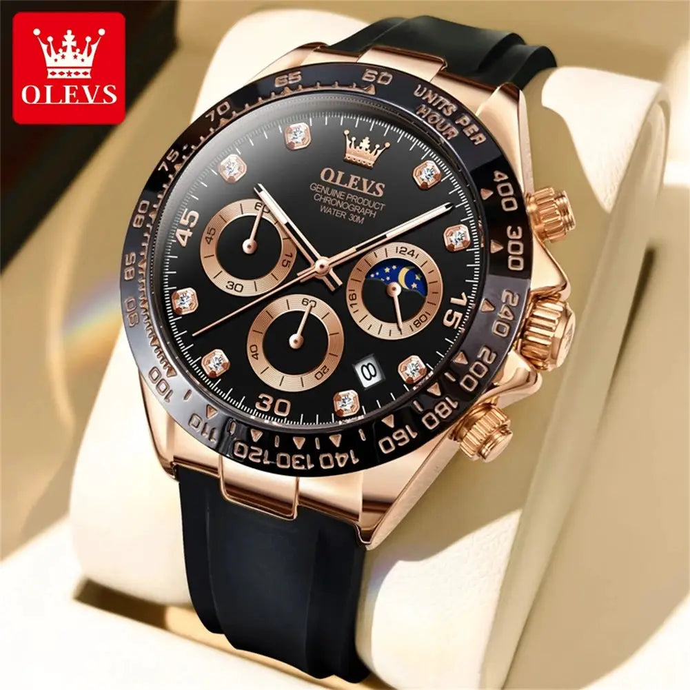 OLEVS men's luxury chronograph watch with rose-gold case, black dial, moon phase, and silicone strap.