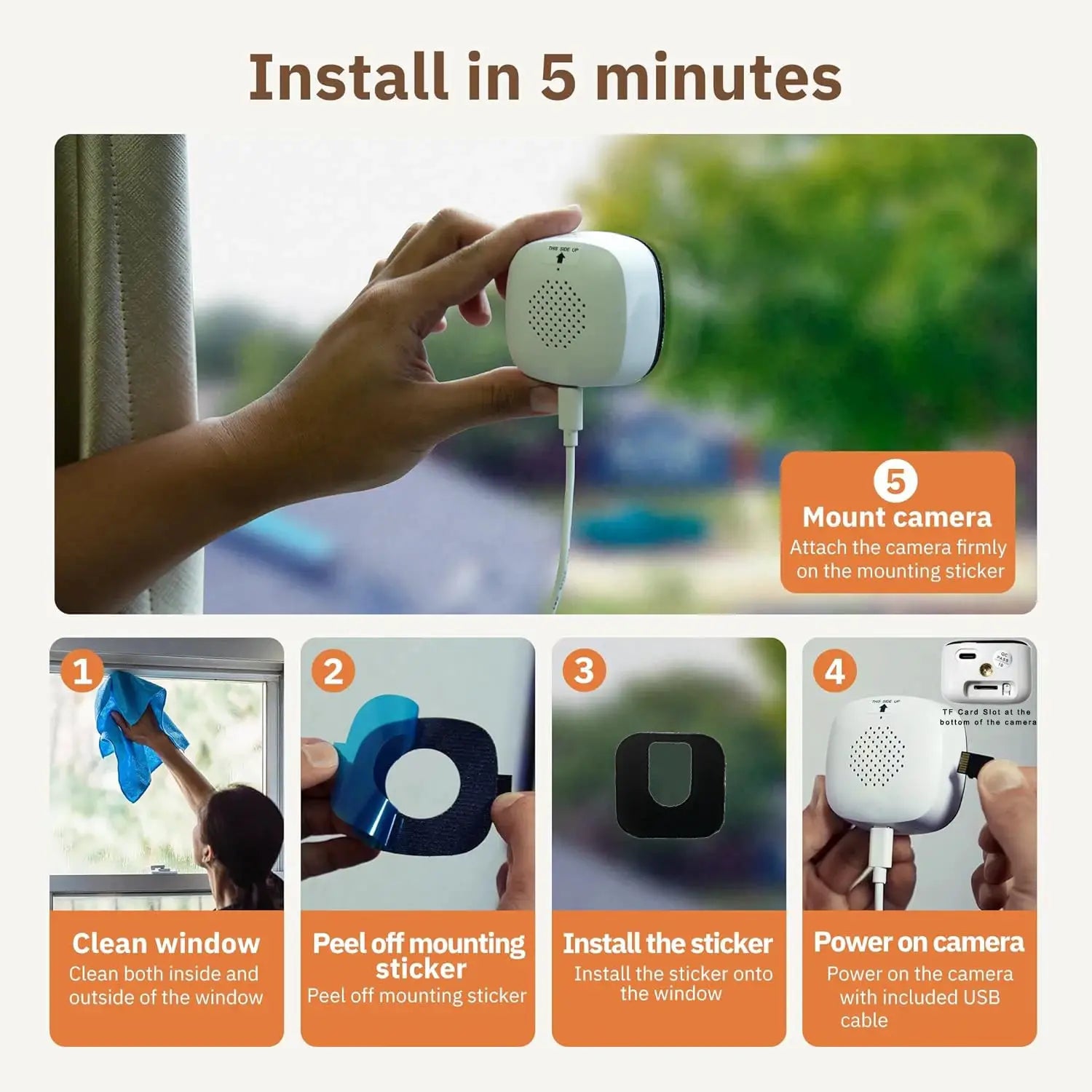 HEIYOUCAM Window Camera by Simples Market; white compact camera mounted on a window with USB cable.