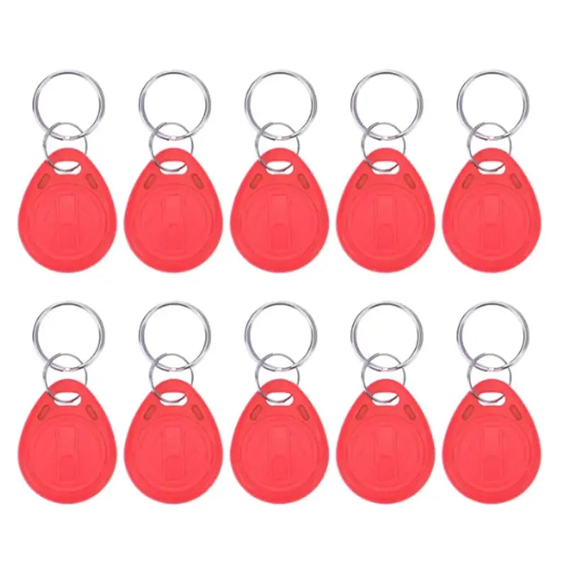 RFID keyfobs, 10 red 125KHz TK4100/EM4100 proximity tokens on metal key rings