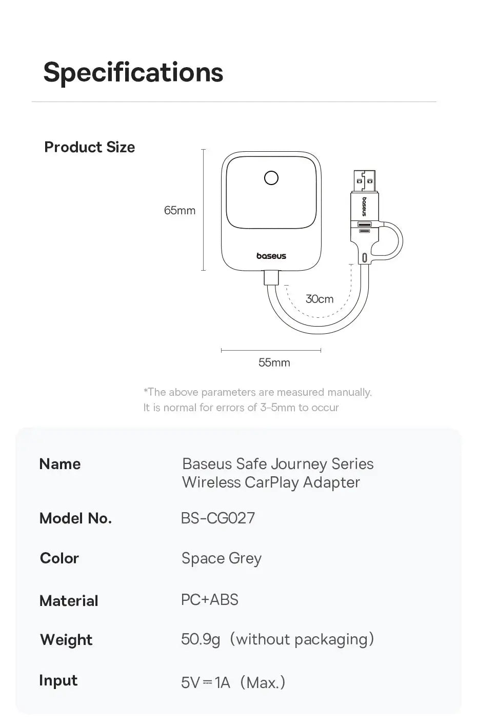 Baseus Safe Journey Wireless CarPlay Adapter, Space Grey, PC+ABS