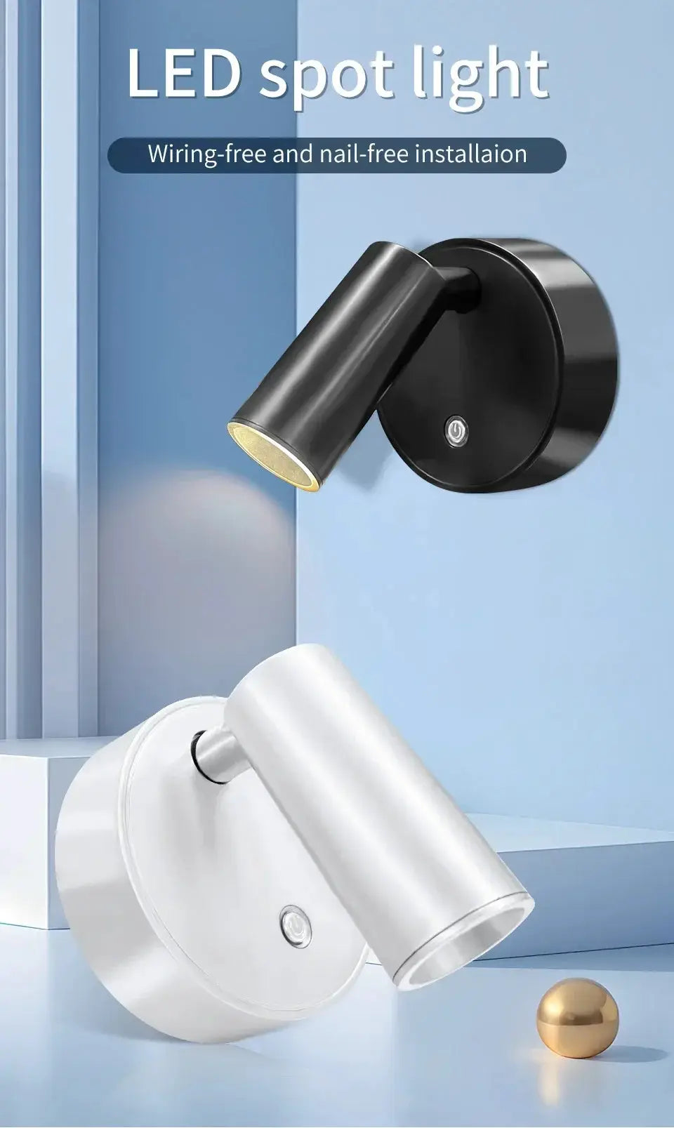 Simples Market rechargeable LED wall lamps, black wall-mount spotlight and white version with magnetic base, 360° rotation.