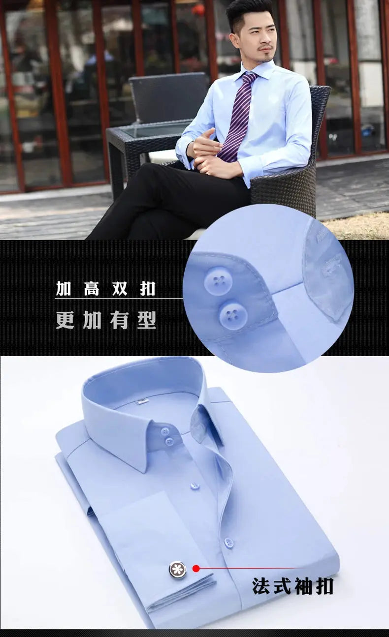 Men's blue slim-fit dress shirt by Simples Market with French cuffs; solid color shown with striped tie