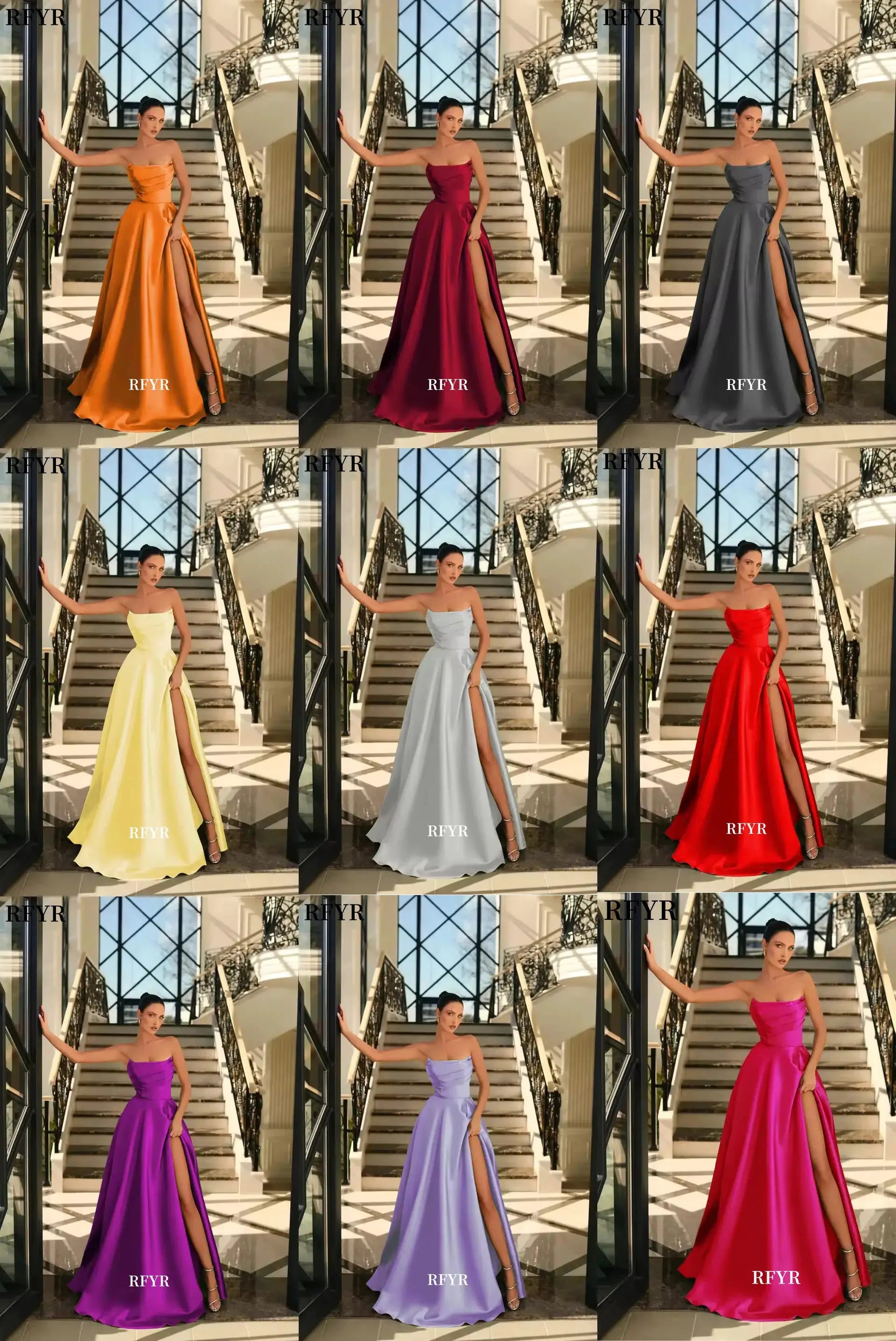 RFYR Green Satin Evening Dress Pleats A Line High Split Prom