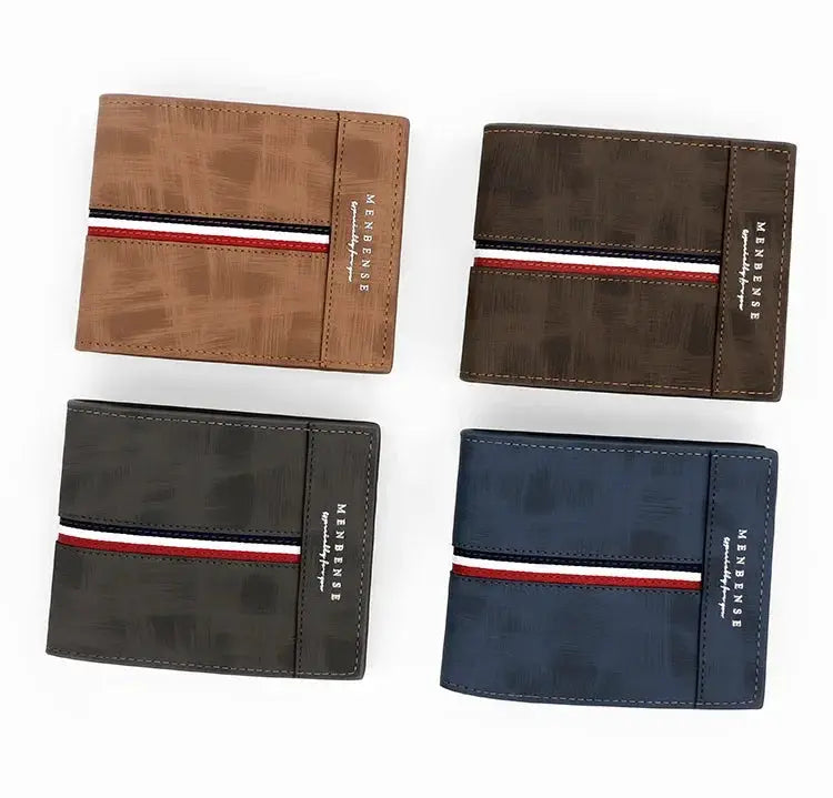 Set of 4 men's slim PU leather wallets with coin pocket in tan, brown, gray, and blue; MENDENSE branding.