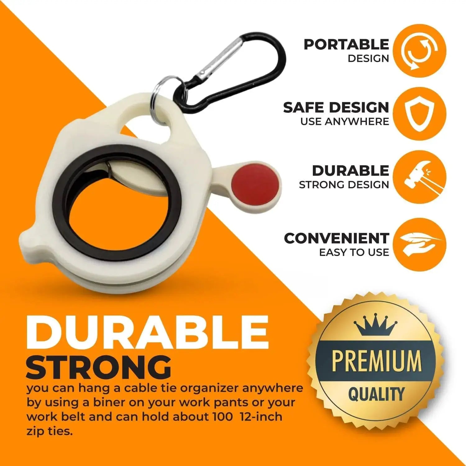 Cable tie organizer by Simples Market; white plastic body with black inner ring, red button, and carabiner clip