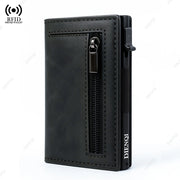 Men's RFID-blocking black aluminum-leather wallet with zip pocket by DIENQI.