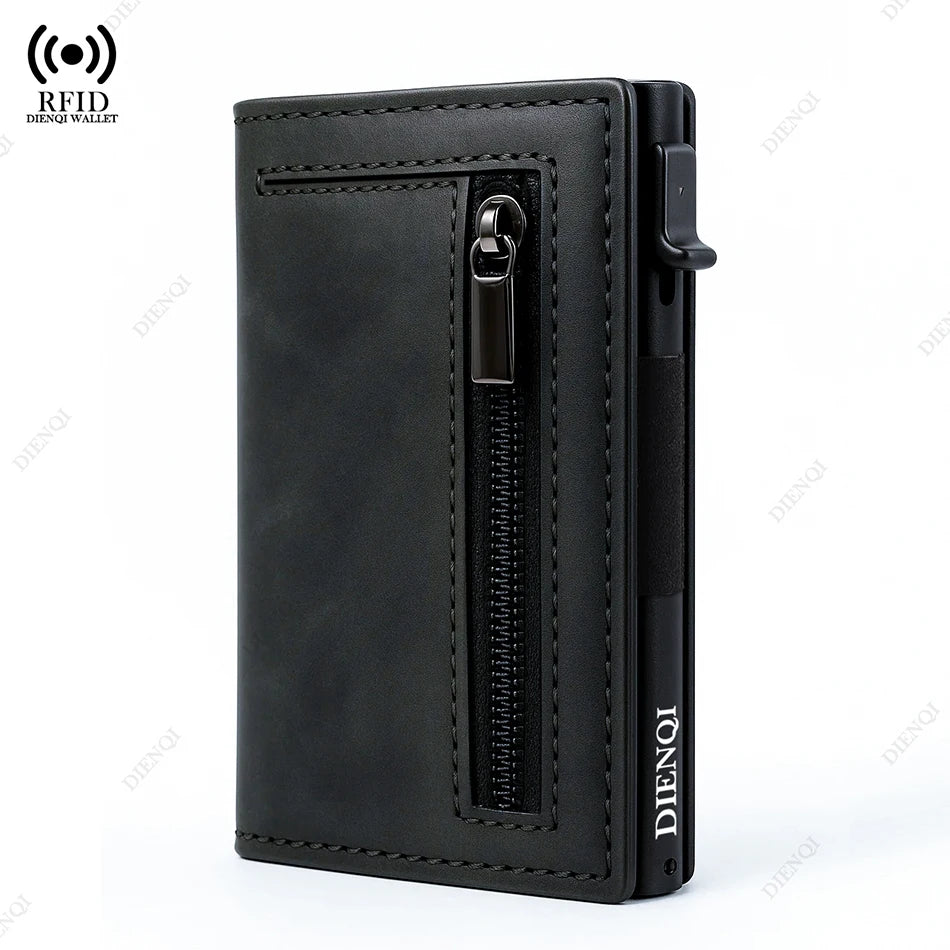 Men's RFID-blocking black aluminum-leather wallet with zip pocket by DIENQI.