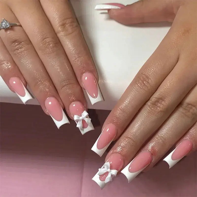 LuxeNail White French Press On Nails 3D Bowknot Full Cover Tips Durable 24Pcs DIY Manicure Set