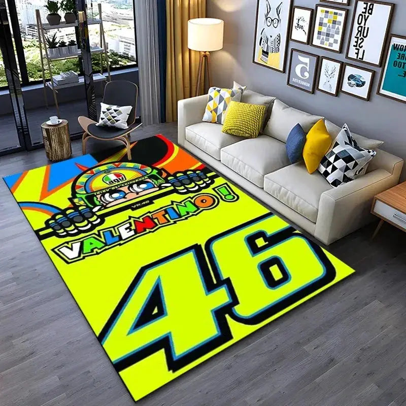 Doctor Cartoon Head Yellow Racing Theme Rug With Number 46 Signature For Living Room And Bedroom Decor