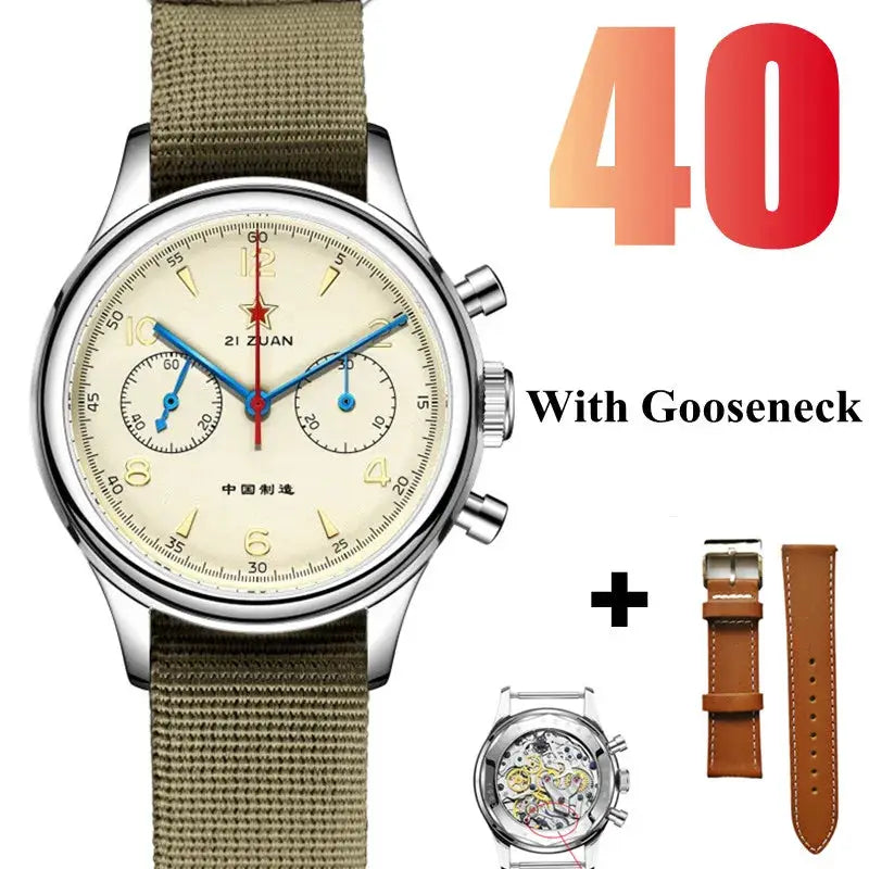 Red Star 38mm men's chronograph pilot watch with ST1901 movement, beige dial, blue hands, green strap; leather strap.